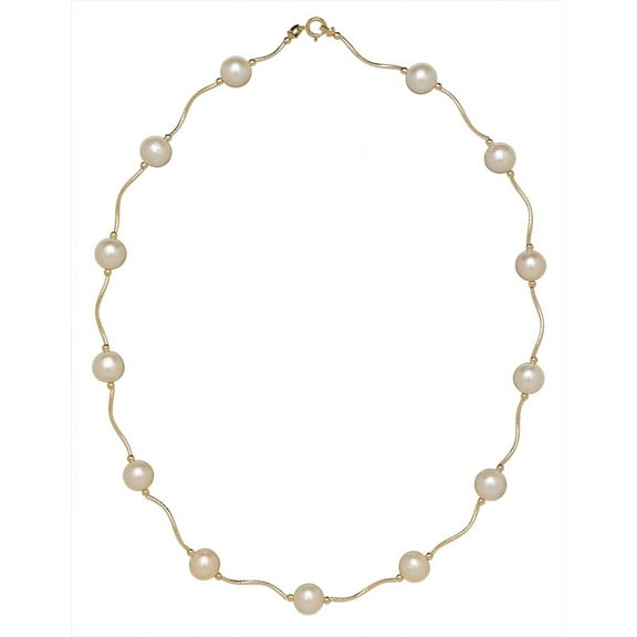 Tilo Jewelry 14K Yellow Gold 8.5-9mm Freshwater Pearl Station Beaded Necklace | 16 Inch | Women & Unisex