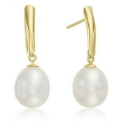 TILO JEWELRY 14K Yellow Gold 8.5-9mm White Freshwater Pearl Drop Earrings with Secure Push-Backs | Handmade Fancy Earrings for Women & Unisex