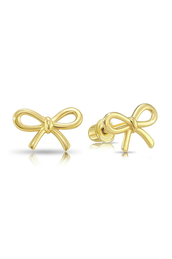 14K Yellow Gold Ribbon Bow Stud Post Earrings with Secure Screw-Backs | 6MM | Dainty Everyday Earrings for Women & Unisex