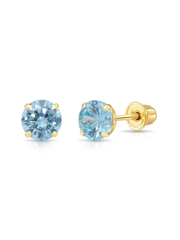 14K Yellow Gold Blue Round Stud Post Earrings with Cubic Zirconia CZ Birthstone | Secure Screw-Backs | March-Aquamarine | Women, Men, Unisex