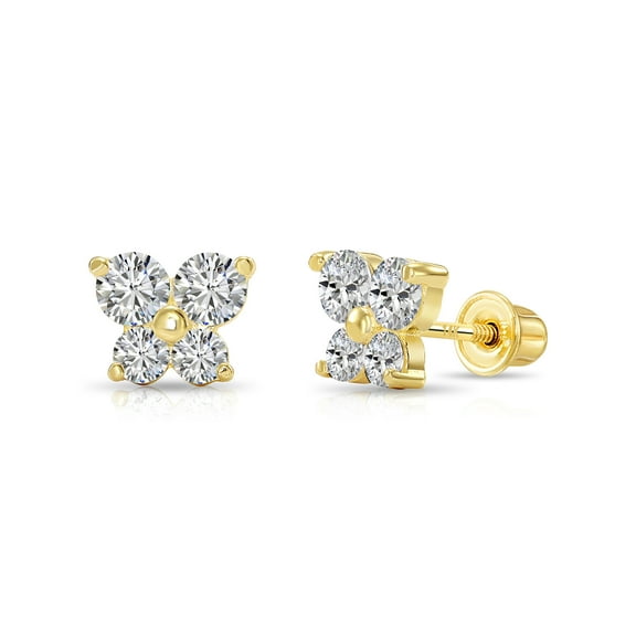 Tilo Jewelry 14K Yellow Gold Butterfly Stud Post Earrings with Cubic Zirconia CZ Stones | Secure Screw-Backs | Dainty Everyday Earrings for Women & Unisex