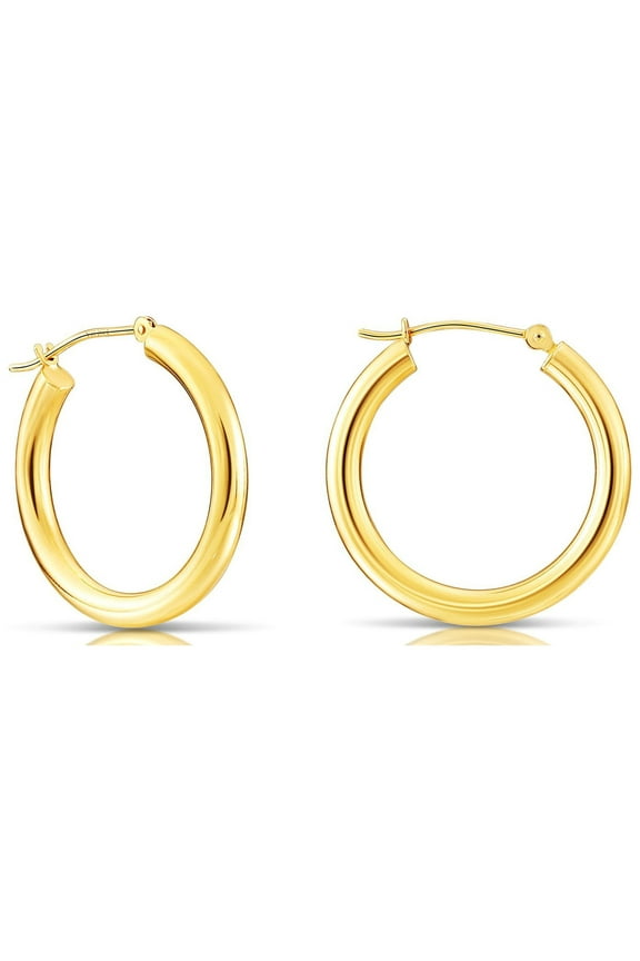 14K Yellow Gold Classic Polished Round Chunky Hoop Earrings 3mm Tube (25mm) for Women & Unisex