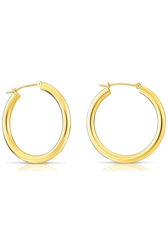 14K Yellow Gold Classic Polished Round Chunky Hoop Earrings 3mm Tube (30mm) for Women & Unisex