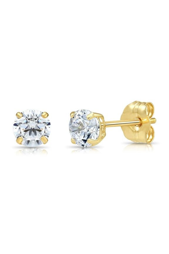 14K Yellow Gold Classic Round Stud Post Earrings with Cubic Zirconia CZ Birthstone | April | Women, Men, Unisex