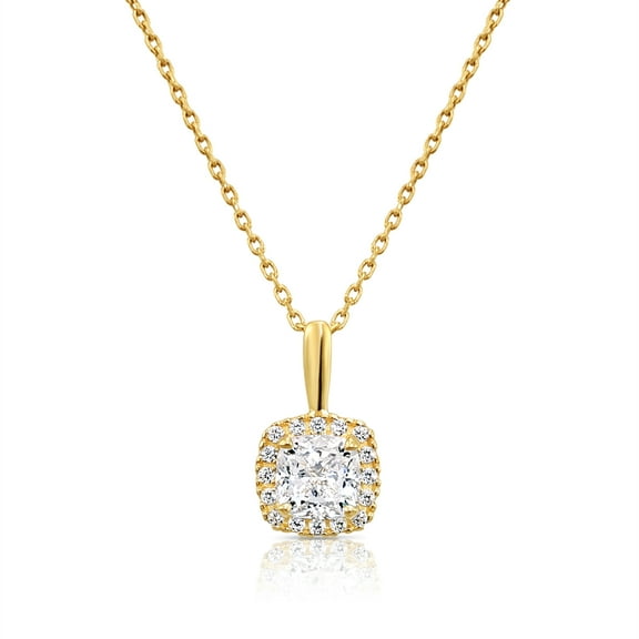 Tilo Jewelry 14K Yellow Gold Cushion-Cut Halo Pendant Necklace with Cubic Zirconia CZ Stones for Women & Unisex | 18 Inch Cable Chain