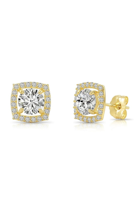 14K Yellow Gold Cushion Halo Stud Post Earrings with Cubic Zirconia CZ Stones | Secure Push-Backs | Classic Everyday Earrings for Women & Unisex