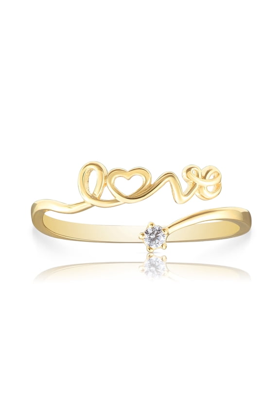 14K Yellow Gold Dainty LOVE Ring with Solitaire Cubic Zirconia CZ Stone | Size 7 | Women & Unisex