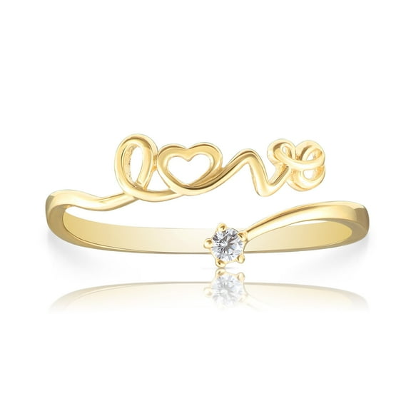 Tilo Jewelry 14K Yellow Gold Dainty LOVE Ring with Solitaire Cubic Zirconia CZ Stone | Size 8 | Women & Unisex