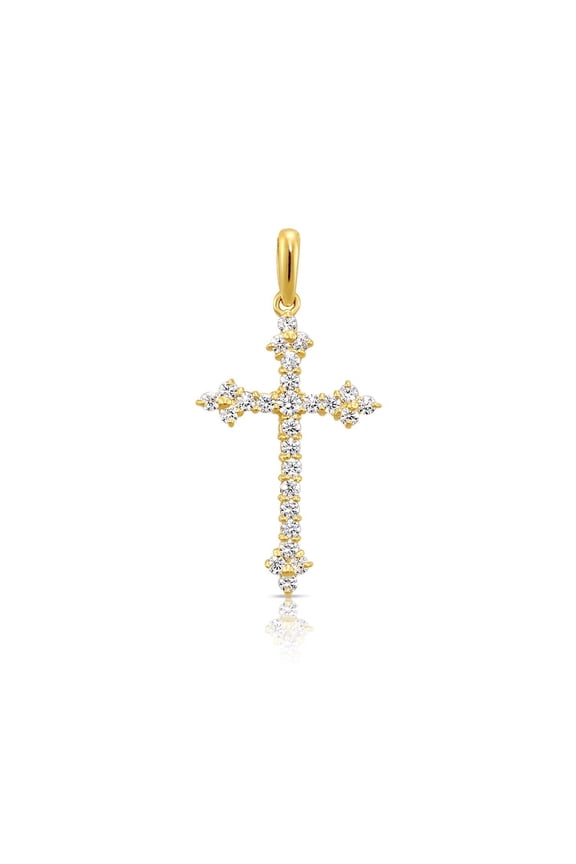 14K Yellow Gold Dainty Pave Cross Christian Pendant Charm with Cubic Zirconia CZ Stones for Women & Unisex Necklace