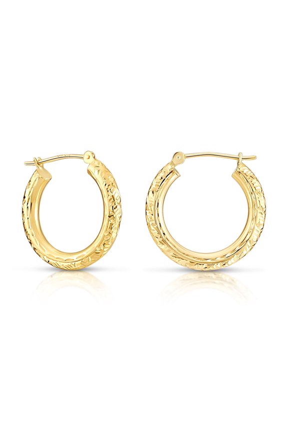 14K Yellow Gold 3mm Thick Chunky Gold Hoop Earrings with Diamond-Cut Engraving (20mm) for Women & Unisex