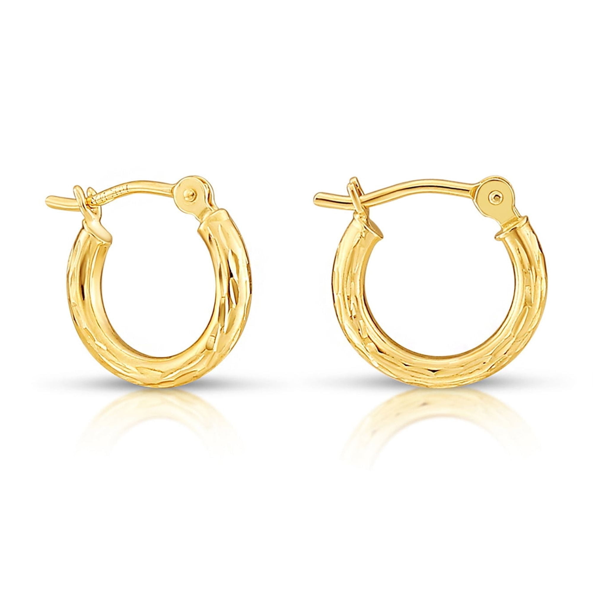 14k Gold Round Hoop Earrings - 1" Diameter, Hand Engraved Diamond-Cut Pattern, Secure Latch Back