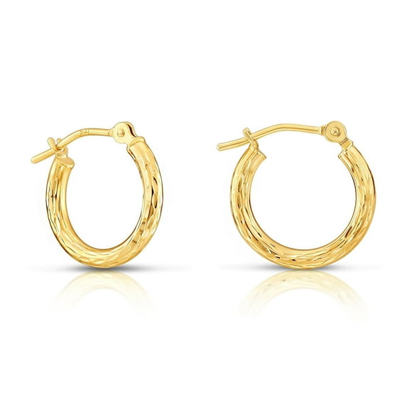Tilo Jewelry 14K Yellow Gold Diamond-Cut Engraved Round Hoop Earrings (14mm) for Women, Men, Unisex