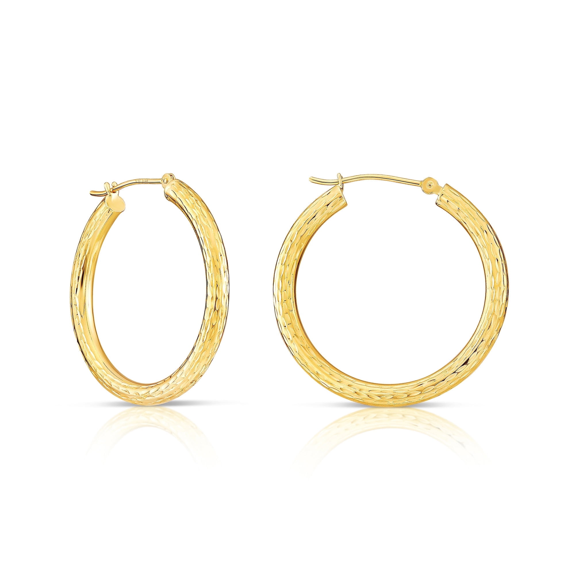 Tilo Jewelry 14K Yellow Gold Diamond-Cut Engraved Round Hoop Earrings (30mm) for Women & Unisex