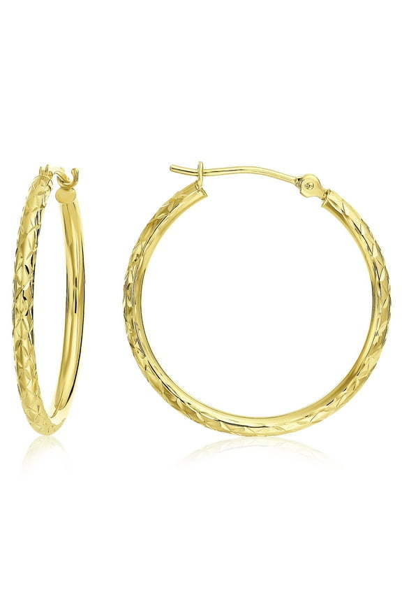 14K Yellow Gold Diamond-Cut Engraved Round Hoop Earrings for Women & Unisex | X-Pattern Design | 25mm - 1 Inch