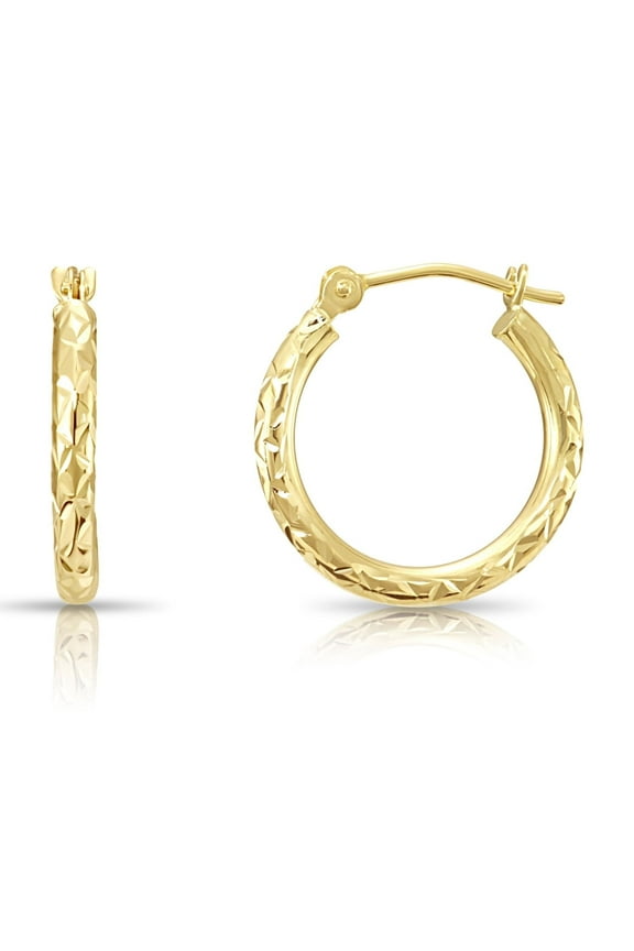 14K Yellow Gold Diamond-Cut Engraved Round Hoop Earrings for Women & Unisex | X-Pattern Design | 16mm - 0.63 Inch
