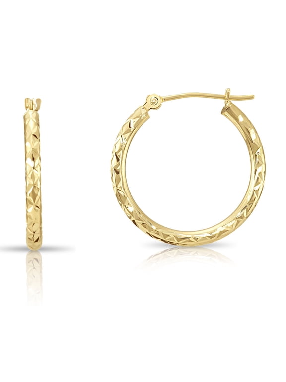 14K Yellow Gold Diamond-Cut Engraved Round Hoop Earrings for Women & Unisex | X-Pattern Design | 20mm - 0.8 Inch