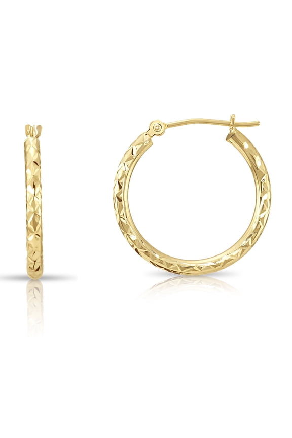 14K Yellow Gold Diamond-Cut Engraved Round Hoop Earrings for Women & Unisex | X-Pattern Design | 20mm - 0.8 Inch