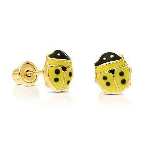 Tilo Jewelry 14K Yellow Gold Enamel Yellow Ladybug Stud Earrings with Secure Screw Backs | Women & Unisex