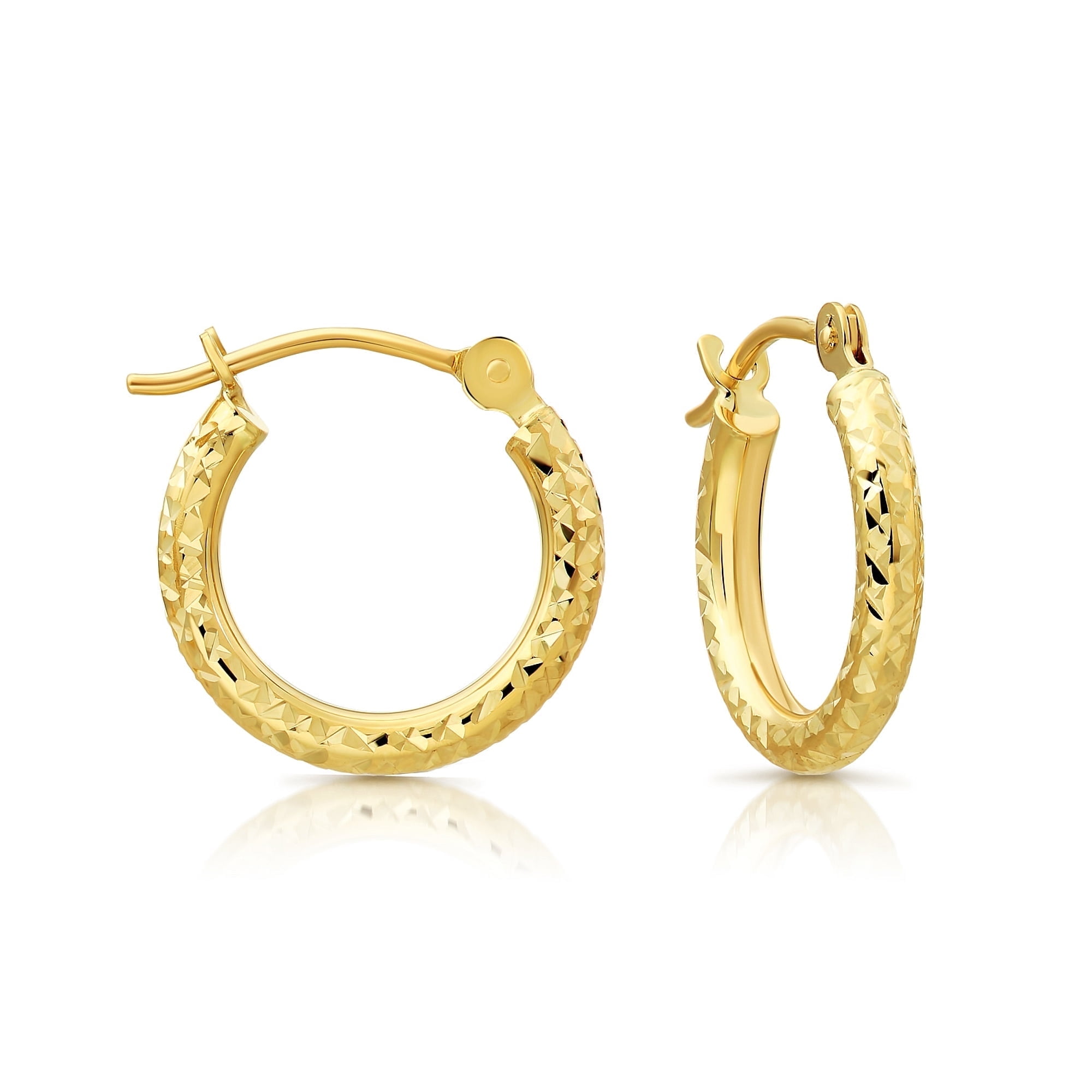 Tilo Jewelry 14K Yellow Gold Fancy Diamond-Cut Engraved Round Hoop Earrings (13mm) for Women & Unisex