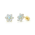 thumbnail image 1 of Tilo Jewelry 14K Yellow Gold Flower Stud Post Earrings with Blue CZ Birthstone | Secure Screw-backs | March-Aquamarine | Women & Unisex, 1 of 8