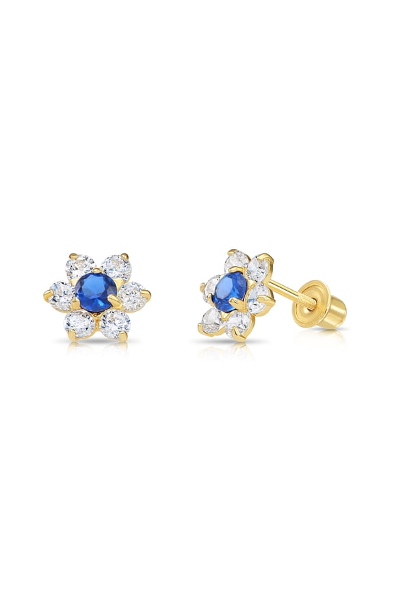 14K Yellow Gold Flower Stud Post Earrings with Blue CZ Birthstone | Secure Screw-backs | September-Sapphire | Women & Unisex