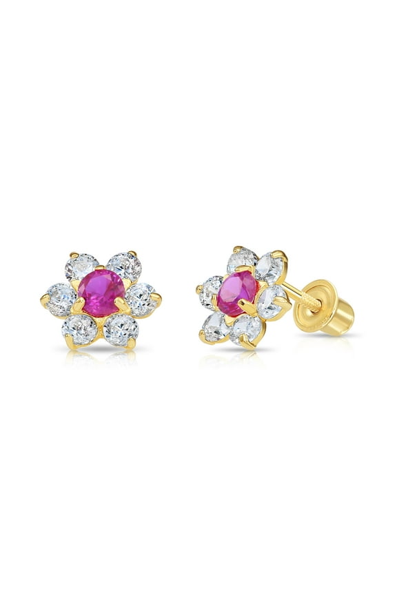 14K Yellow Gold Flower Stud Post Earrings with Pink CZ Birthstone | Secure Screw-backs | July-Ruby | Women & Unisex