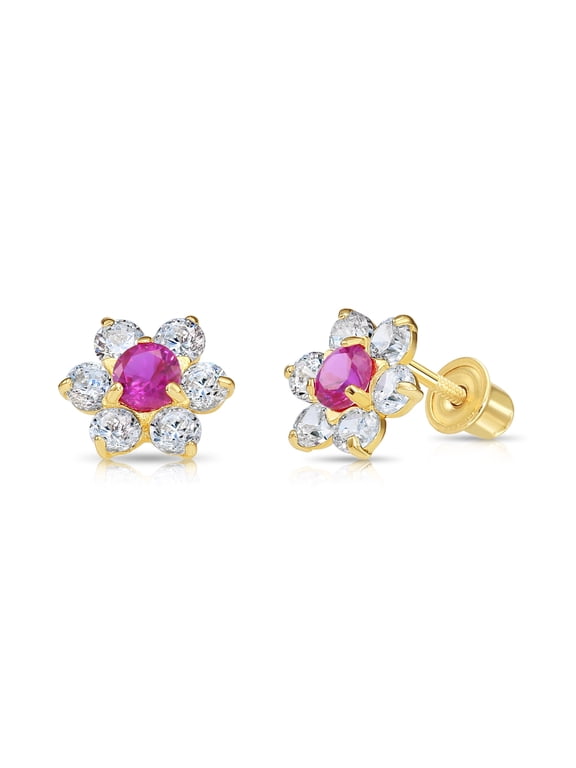 14K Yellow Gold Flower Stud Post Earrings with Pink CZ Birthstone | Secure Screw-backs | July-Ruby | Women & Unisex