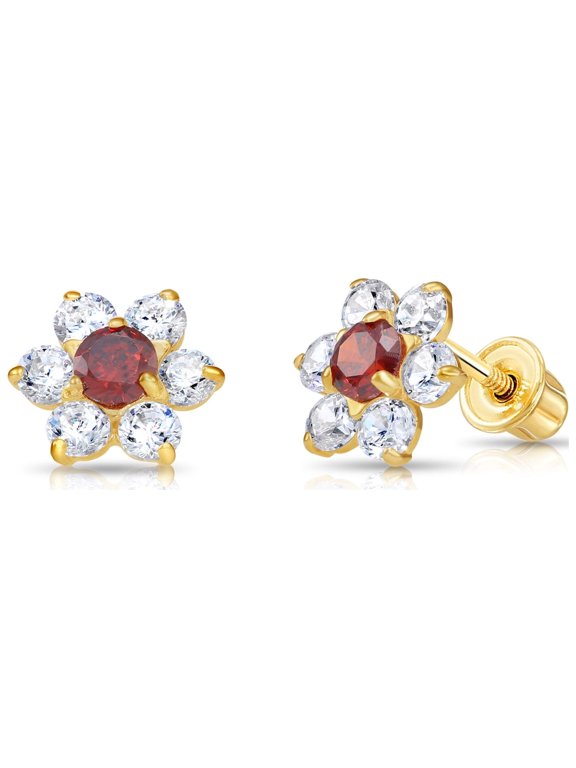 14K Yellow Gold Flower Stud Post Earrings with Red CZ Birthstone | Secure Screw-backs | January-Garnet | Women & Unisex