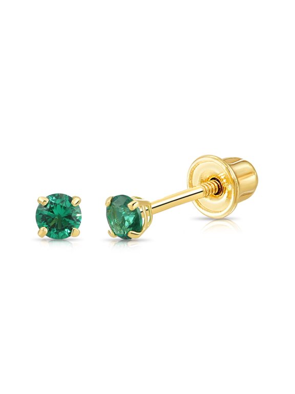 14K Yellow Gold Green Round Stud Post Earrings with Cubic Zirconia CZ Birthstone | Secure Screw-Backs | May-Emerald | Women, Men, Unisex