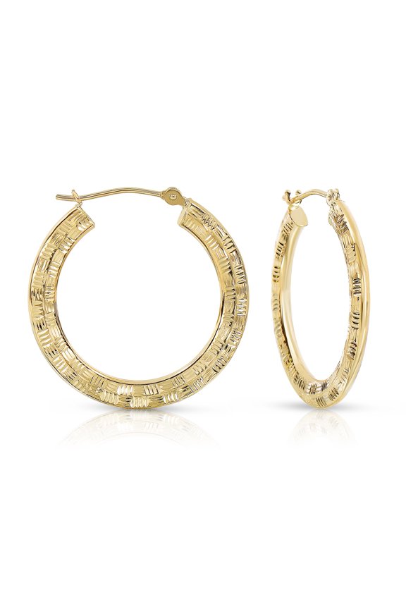14K Yellow Gold Hand Engraved Round Flat Checker Textured Hoop Earrings | 30mm | Women & Unisex