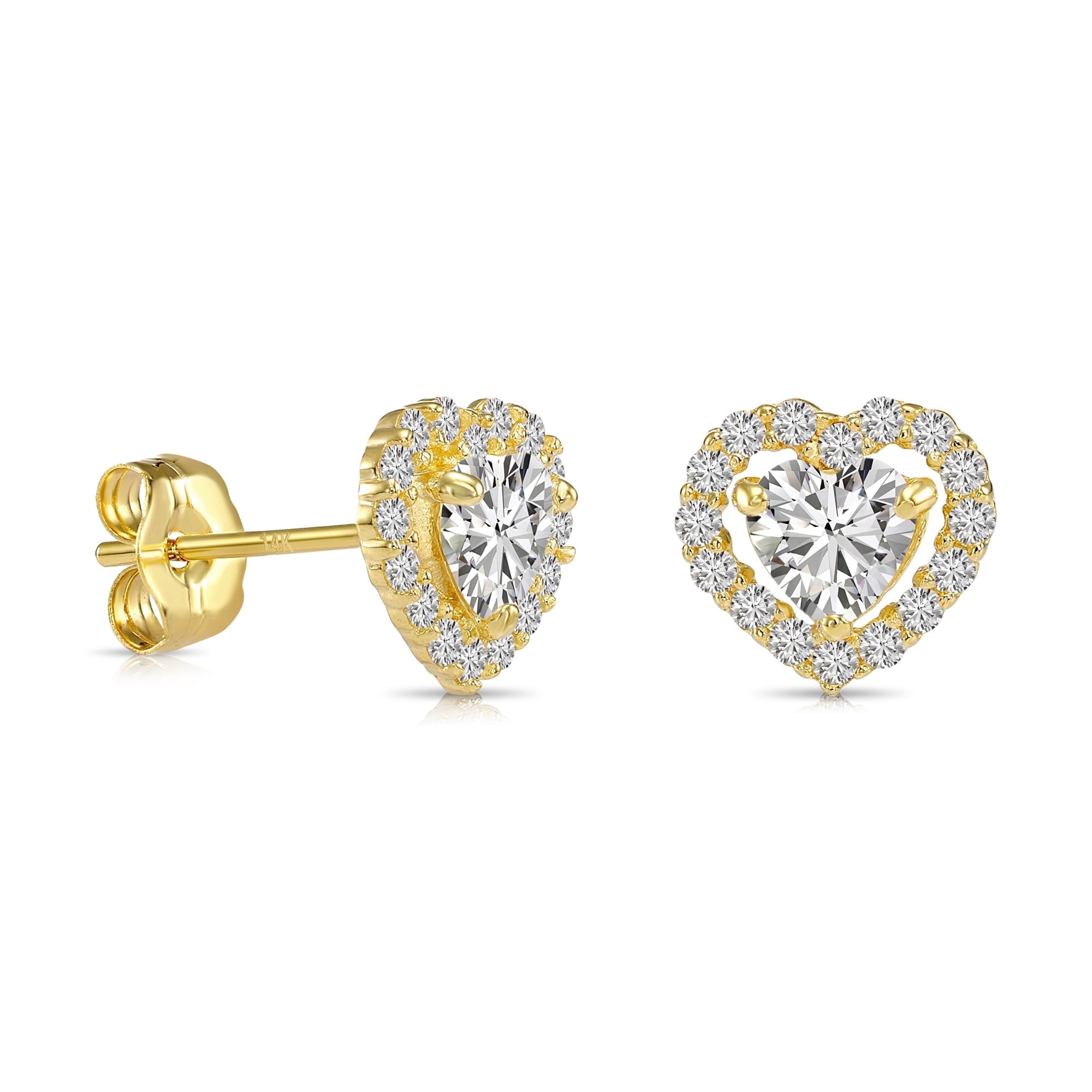 Tilo Jewelry 14K Yellow Gold Heart Halo Stud Post Earrings with Cubic Zirconia CZ Stones | Secure Push-Backs | Classic Everyday Earrings for Women & Unisex