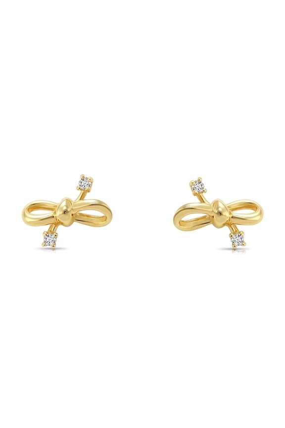 14K Yellow Gold Mini Ribbon Bow Stud Post Earrings with Cubic Zirconia CZ Stones | Secure Screw-Backs | Dainty Everyday Earrings for Women & Unisex