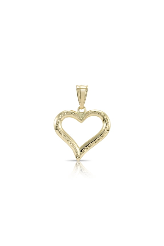 14K Yellow Gold Dainty Open Heart Pendant Charm with Diamond-Cut Engraving for Women & Unisex Necklace