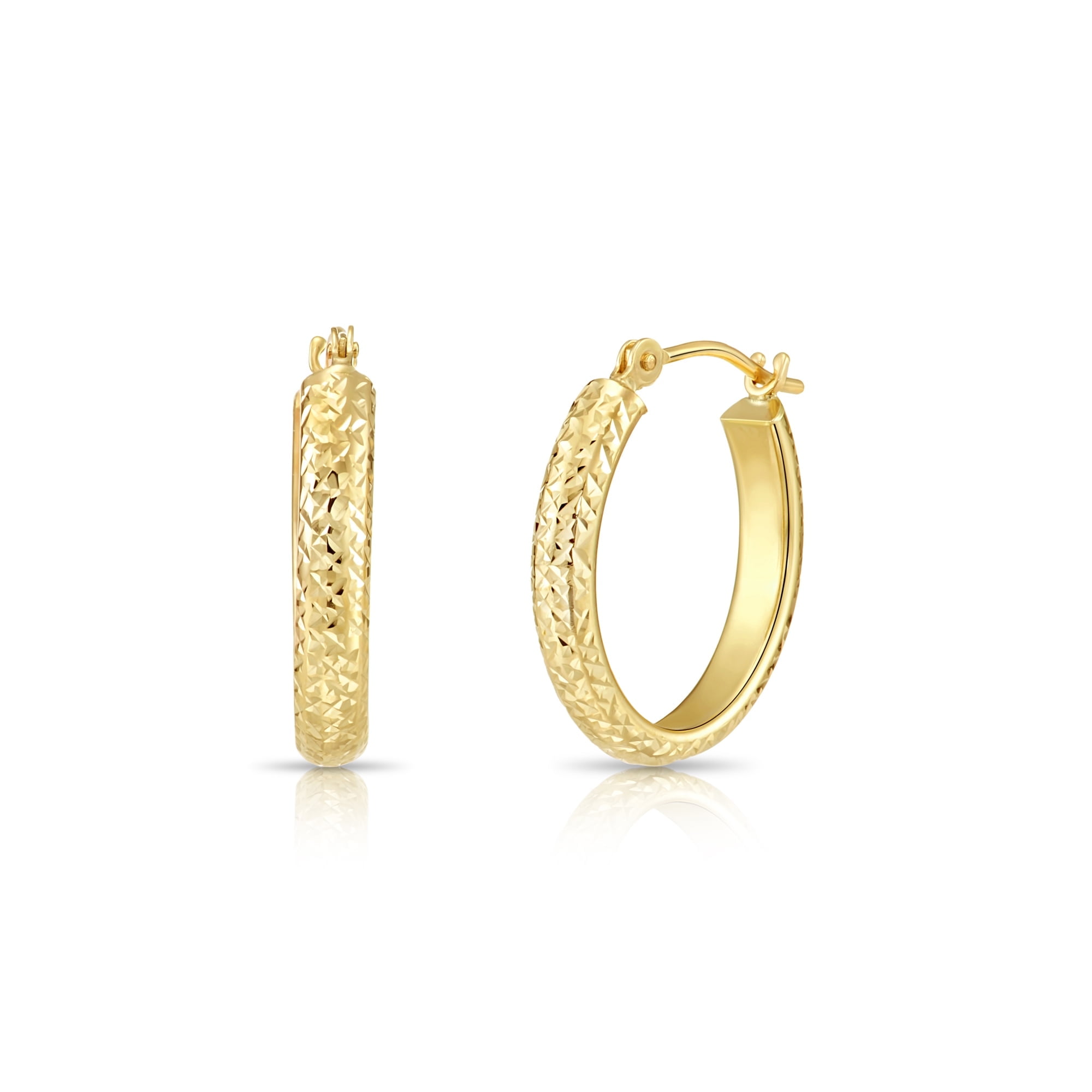 TILO JEWELRY 14K Yellow Gold Oval Diamond-Cut Engraved Hoop Earrings 18mm | X-Pattern Design | Women & Unisex