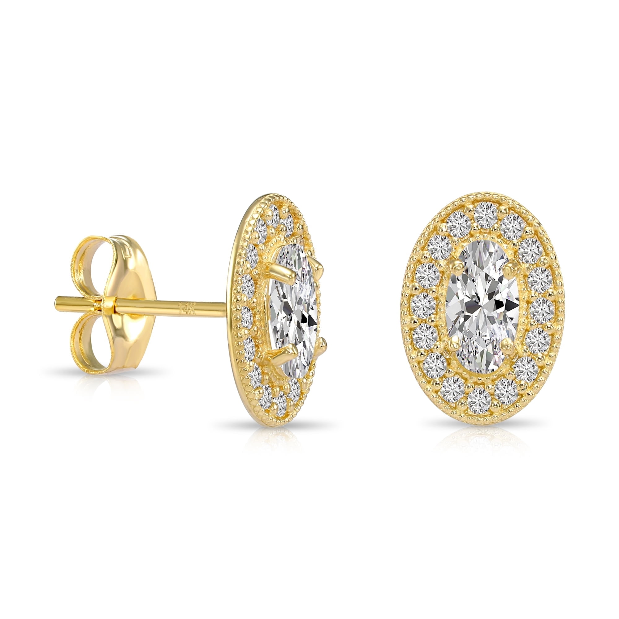 Tilo Jewelry 14K Yellow Gold Oval Halo Stud Post Earrings with Cubic Zirconia CZ Stones | Secure Push-Backs | Classic Everyday Earrings for Women & Unisex