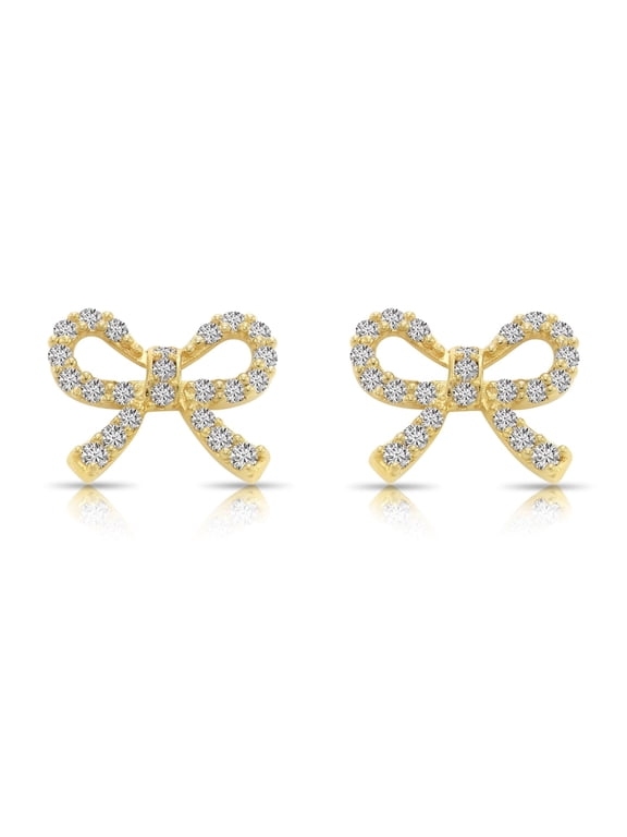 14K Yellow Gold Pave Ribbon Bow Stud Post Earrings with Cubic Zirconia CZ Stones | Secure Screw-Backs | Dainty Everyday Earrings for Women & Unisex