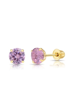14K Yellow Gold Pink Round Stud Post Earrings with Cubic Zirconia CZ Birthstone | Secure Screw-Backs | October-Tourmaline | Women, Men, Unisex