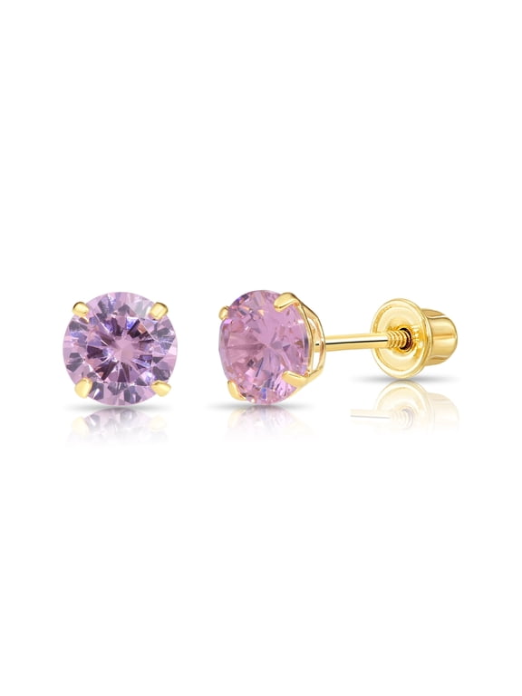 14K Yellow Gold Pink Round Stud Post Earrings with Cubic Zirconia CZ Birthstone | Secure Screw-Backs | October-Tourmaline | Women, Men, Unisex