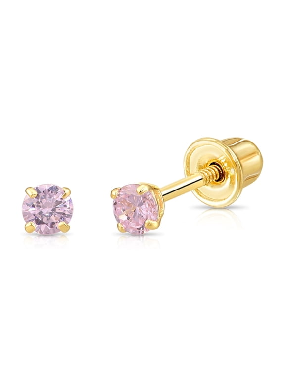 14K Yellow Gold Pink Round Stud Post Earrings with Cubic Zirconia CZ Birthstone | Secure Screw-Backs | October-Tourmaline | Women, Men, Unisex