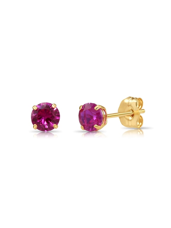 14K Yellow Gold Pink Round Stud Post Earrings with Cubic Zirconia CZ Birthstone | July-Ruby | Women, Men, Unisex