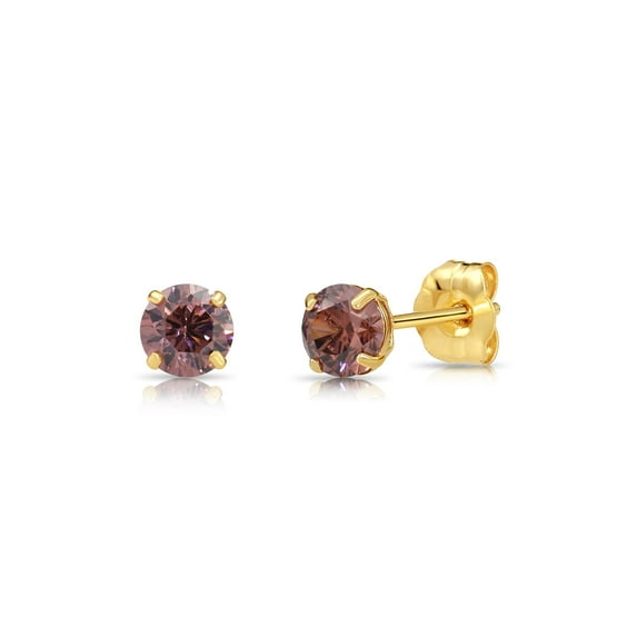Tilo Jewelry 14K Yellow Gold Pink Round Stud Post Earrings with Cubic Zirconia CZ Birthstone | June-Alexandrite | Women, Men, Unisex
