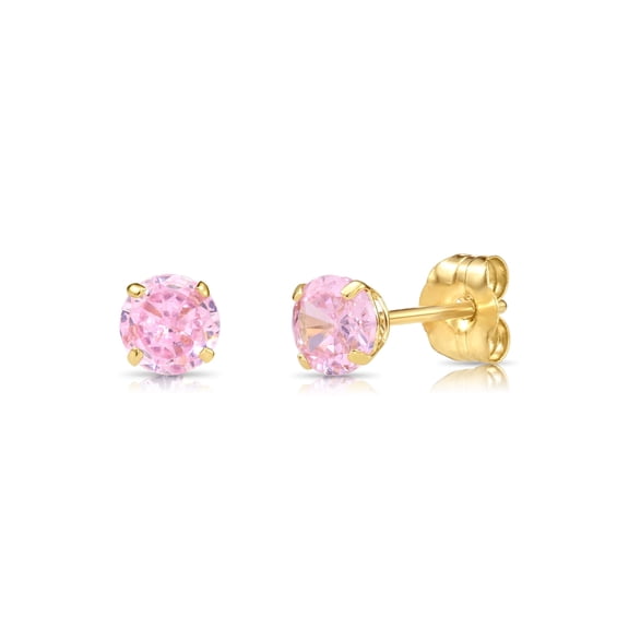 Tilo Jewelry 14K Yellow Gold Pink Round Stud Post Earrings with Cubic Zirconia CZ Birthstone | October-Tourmaline | Women, Men, Unisex