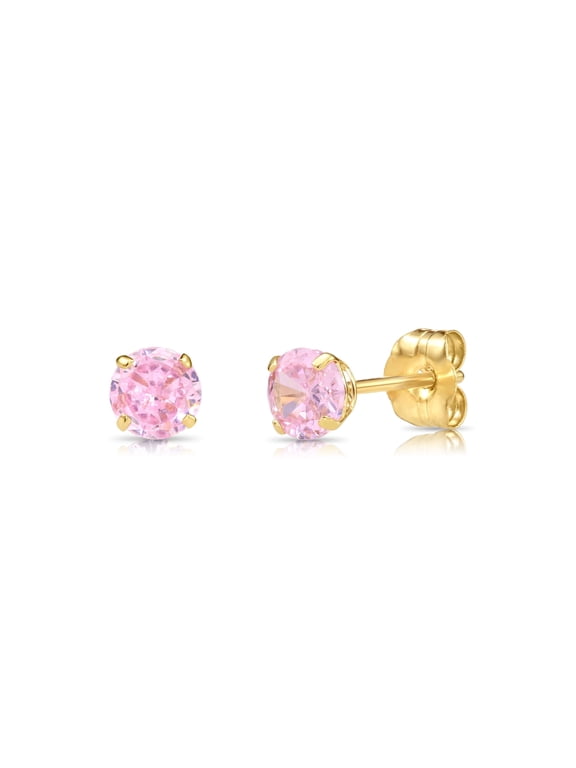 14K Yellow Gold Pink Round Stud Post Earrings with Cubic Zirconia CZ Birthstone | October-Tourmaline | Women, Men, Unisex