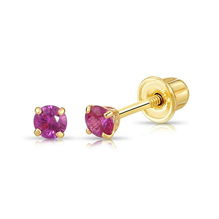 Tilo Jewelry 14K Yellow Gold Pink Round Stud Post Earrings with Cubic Zirconia CZ Birthstone | Secure Screw-Backs | July-Ruby | Women, Men, Unisex