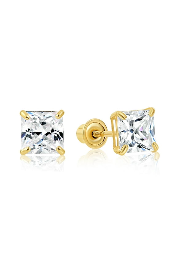 14K Yellow Gold Princess Cut Square Stud Earrings with Screw-Backs & Cubic Zirconia CZ Stones | 5mm | Women, Men, Unisex