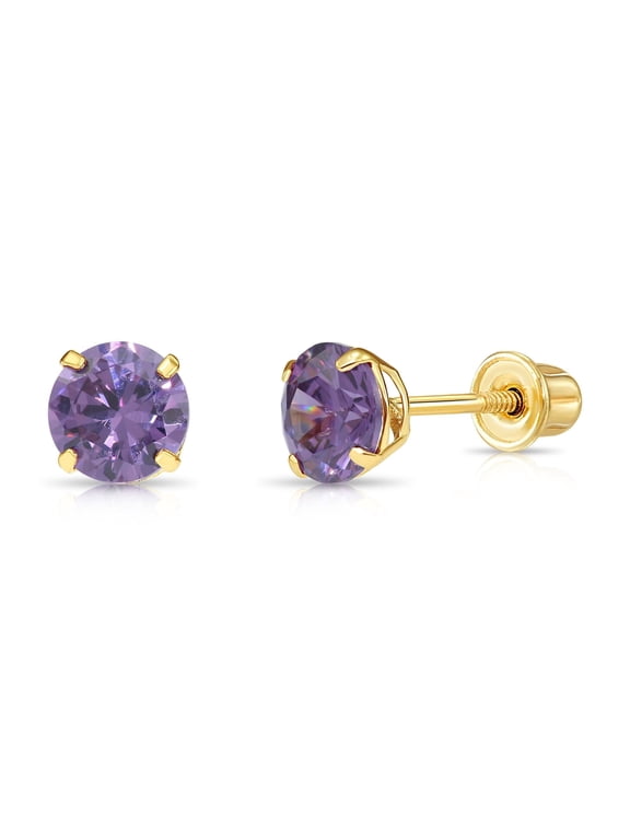 14K Yellow Gold Purple Round Stud Post Earrings with Cubic Zirconia CZ Birthstone | Secure Screw-Backs | February-Amethyst | Women, Men, Unisex