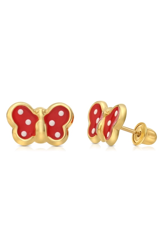 14K Yellow Gold Red Poke-A-Dot Enamel Butterfly Stud Post Earrings with Secure Screw-Backs | Everyday Dainty Small Earrings