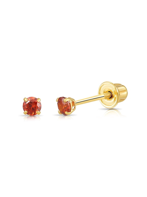 14K Yellow Gold Red Round Stud Post Earrings with Cubic Zirconia CZ Birthstone | Secure Screw-Backs | January-Garnet | Women, Men, Unisex