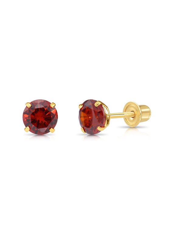 14K Yellow Gold Red Round Stud Post Earrings with Cubic Zirconia CZ Birthstone | Secure Screw-Backs | January-Garnet | Women, Men, Unisex