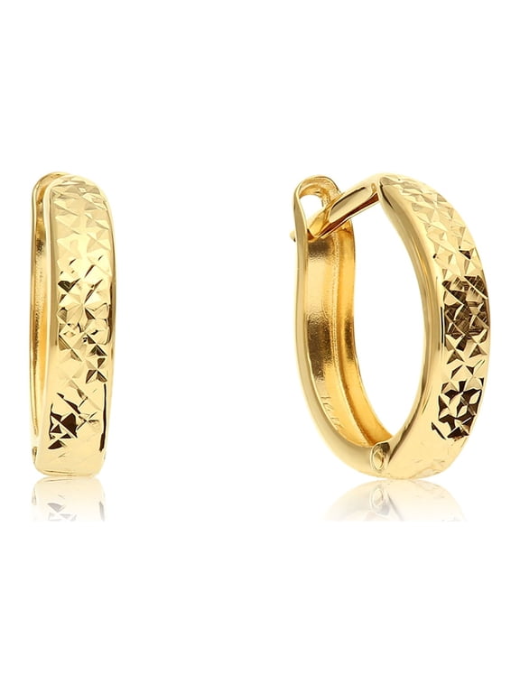 14K Yellow Gold Round Diamond-Cut Engraved Huggies Hoop Earrings | 12mm Small | Women & Unisex
